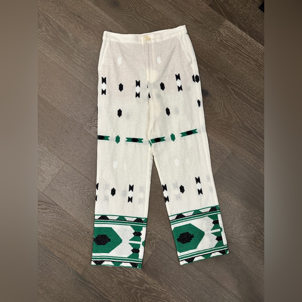 NWT Zara Embroidered Linen Blend Pants | Size S | white black & green - Picture 1 of 4